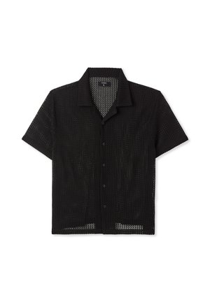Camicia nera a maniche corte realizzata in tessuto leggero a maglia aperta. Presenta un colletto e bottoni sul davanti, offrendo un design traspirante.