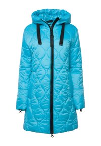 Bright blue quilted parka with a hood, featuring a full black zipper closure and adjustable black drawstrings on the hood. Soft texture.