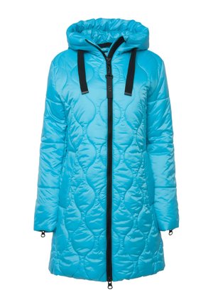 Parka trapuntata di un blu brillante con cappuccio, dotata di una chiusura con zip nera a tutta lunghezza e cordini neri regolabili sul cappuccio. Texture morbida.