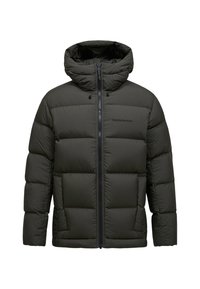 Grøn dunjakke med hætte, der har lynlås foran, boxy design, quiltet tekstur og et lille logo på brystet.