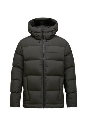 Green puffer jacket with a hood, featuring a zip front, boxy design, quilted texture, and a small logo on the chest.