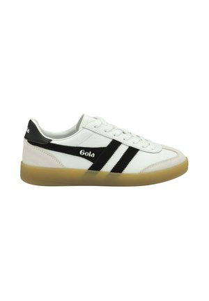 White leather sneakers with black accents and stripes, round toe, and a gum rubber sole. Features lace-up design and logo.