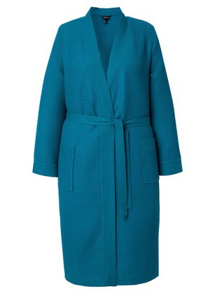 Kniestarker Bademantel in Teal mit Waffelstruktur, langen Ärmeln, Schalkragen, zwei vorderen Taschen und passendem Taillengürtel.