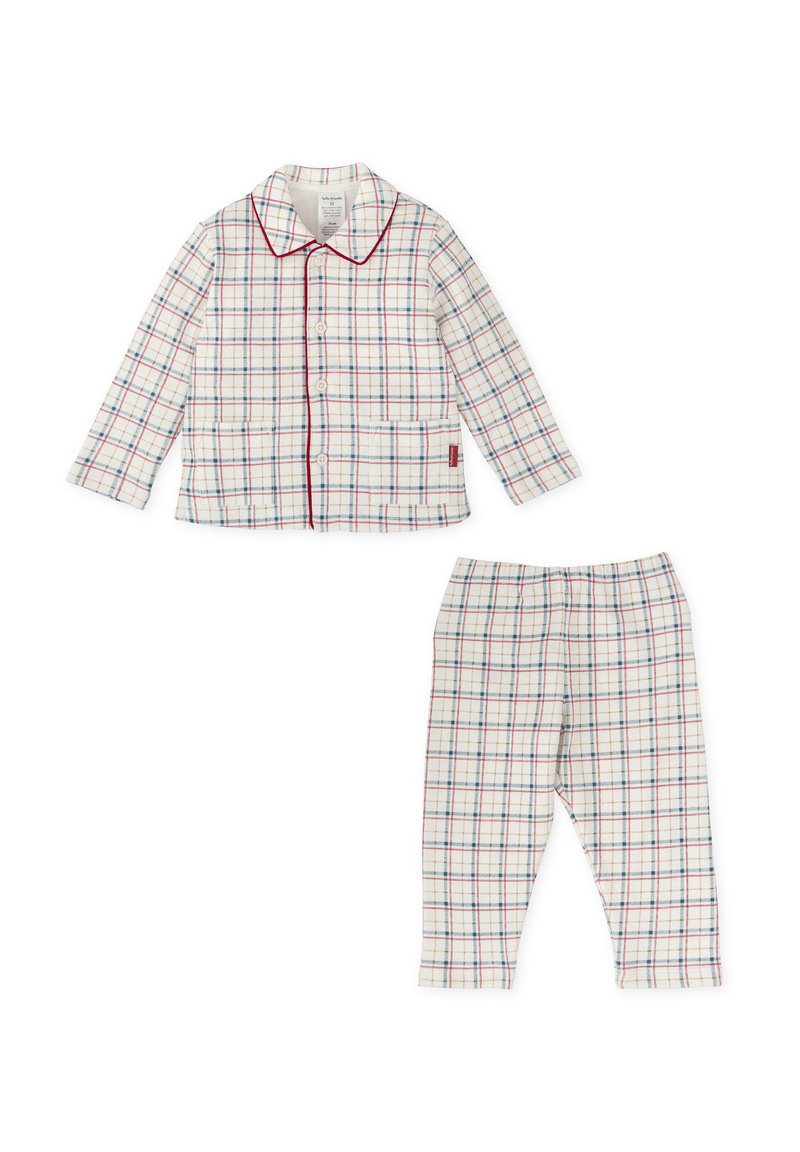Conjunto de pijama de cuadros de algodón que incluye una camisa de manga larga con botones y un bolsillo en el pecho, combinado con pantalones de cintura elástica. Detalles en rojo y azul.