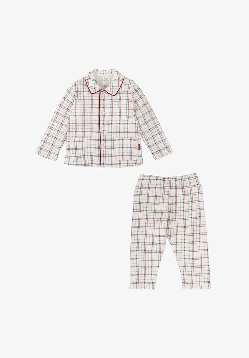 Conjunto de pijama de cuadros de algodón que incluye una camisa de manga larga con botones y un bolsillo en el pecho, combinado con pantalones de cintura elástica. Detalles en rojo y azul.