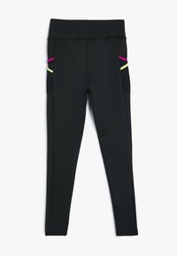 Zwarte leggins met een brede tailleband, twee zijzakken benadrukt met roze en gele lijnen, en een gladde, rekbare stof.