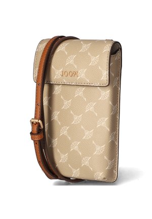 Beige crossbody phone bag with white floral logo pattern, brown adjustable strap, and gold "JOOP!" brand lettering on front flap.