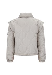 Hellgraue gesteppte Jacke mit Stehkragen, elastischem Bund und gerippten Bündchen. Verfügt über abgerundete Musterdetails und ein Logo am Ärmel.