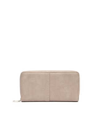 Beige rechteckige Brieftasche mit umlaufendem Reißverschluss, sichtbaren Nähten und kleinem Metall-Reißverschlussanhänger auf weißem Hintergrund.