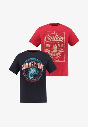 Two T-shirts displayed: one red with beige maritime graphics, the other dark blue featuring a fish design in aqua and red.