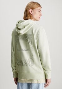 Felpa verde chiaro con cappuccio regolabile, dotata di una stampa testurizzata di testo in un motivo ondulato sulla schiena, etichettata "Calvin Klein Jeans."