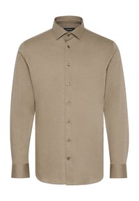 Šviesiai rudos spalvos marškiniai su tekstūruota audiniu, turintys klasikinį apykaklę, ilgomis rankovėmis ir auksiniais mygtukais per priekį.