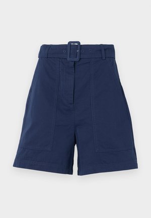 Shorts bleu marine en coton, dotés d'une large ceinture avec une boucle carrée, de deux poches avant et d'un design ajusté avec un léger pli.