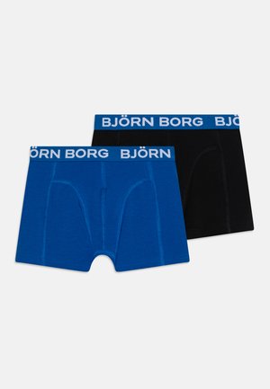 Two pairs of men's boxer shorts: one blue with contrasting stitching, the other black. Both have a blue elastic waistband featuring "BJÖRN BORG."