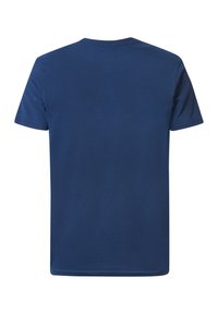 Námornická modrá bavlněná tričko, krátké rukávy, kulatý výstřih, hladká textura, bez grafiky nebo vzorů, rovný lem. Zobrazena zadní část.