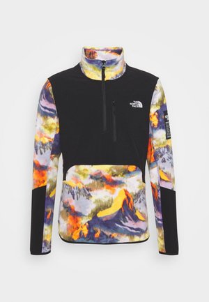 Sort og flerfarvet fleecetrøje med halv lynlås, lynlåslomme på brystet og The North Face-logoer på bryst og ærme.