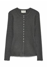 Tmavě šedý žebrovaný cardigan s kulatým výstřihem, zapínáním na knoflíky vpředu a dlouhými rukávy. Obsahuje odpovídající knoflíky podél légy.