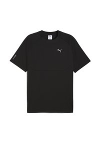 Sort kortærmet trænings-T-shirt med et lille sølvfarvet Puma-logo på brystet og "Puma Tech" tekst på ærmet.
