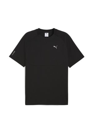 Sort kortærmet trænings-T-shirt med et lille sølvfarvet Puma-logo på brystet og "Puma Tech" tekst på ærmet.