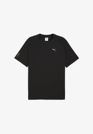 Musta lyhythihainen urheilupaita, jossa on pieni hopeinen Puma-logo rinnassa ja "Puma Tech" -teksti hihassa.