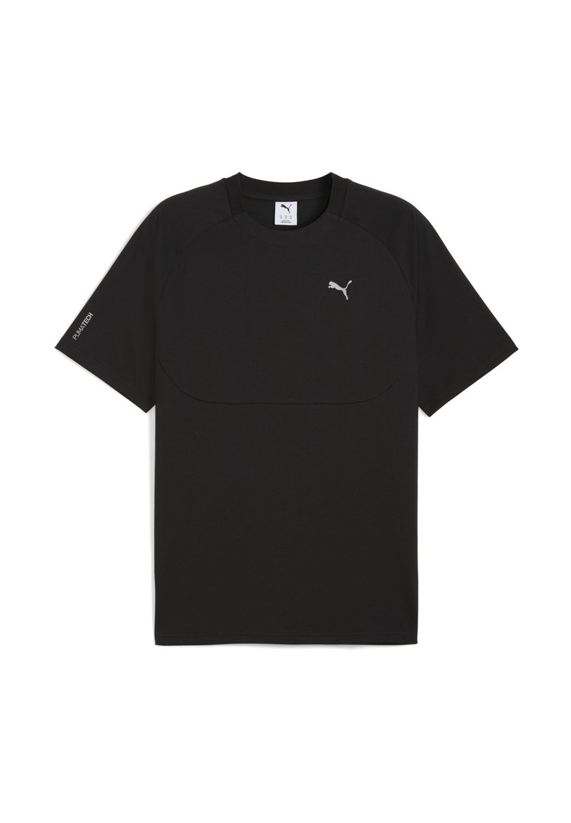 Sort kortærmet trænings-T-shirt med et lille sølvfarvet Puma-logo på brystet og "Puma Tech" tekst på ærmet.