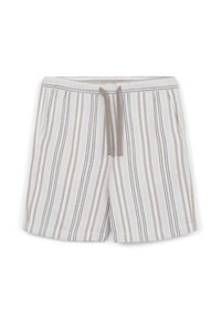 Striped shorts in a lightweight fabric. Features vertical stripes in beige and brown on a white background. Includes an elastic waistband and drawstring.