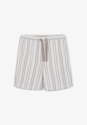 Shorts a righe in un tessuto leggero. Presentano righe verticali in beige e marrone su uno sfondo bianco. Comprendono una vita elastica e un cordoncino.