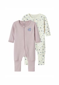 Två baby bodies: en i mjuk lilak med blommönster, och en i krämvit med blå blommönster, båda med långa ärmar och dragkedjestängning.