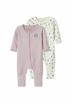 Två baby bodies: en i mjuk lilak med blommönster, och en i krämvit med blå blommönster, båda med långa ärmar och dragkedjestängning.