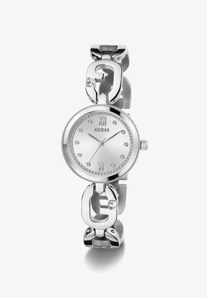 Silver Guess watch with round face, numeral markers, and diamond accents. Chain-link bracelet features shiny metallic finish and logo detail.