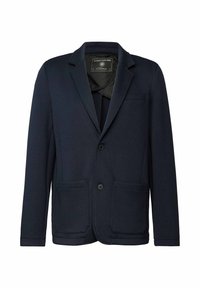 Marineblauer Herrenblazer mit Revers, zwei aufgesetzten Taschen, zwei Knöpfen und einem inneren schwarzen Etikett mit der Aufschrift "Street One Men."