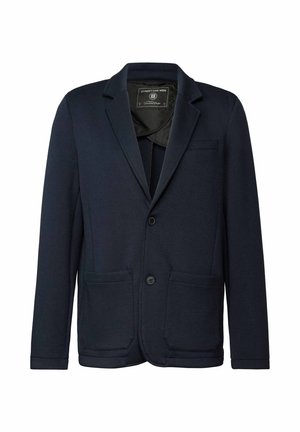 Blazer azul marino para hombre con solapas con muesca, dos bolsillos frontales tipo parche, dos botones y una etiqueta negra interior que dice "Street One Men."
