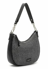 Borsa a spalla tessuta nera e grigia con tessuto a motivo, rifiniture in pelle liscia, chiusura con zip e tracolla staccabile. Presenta hardware in argento.