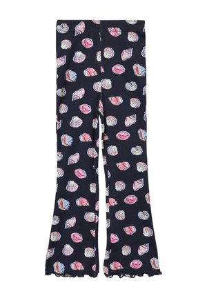 Leggings navy con un motivo a conchiglia in rosa e bianco. Presentano un design aderente e un fondo svasato con bordi ondulati. Tessuto elasticizzato.
