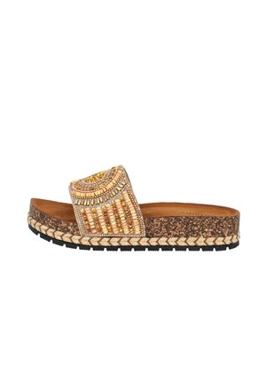 Embellished slide sandal with a beaded upper in warm tones, cork footbed, and a woven jute trim. Black rubber sole for traction.
