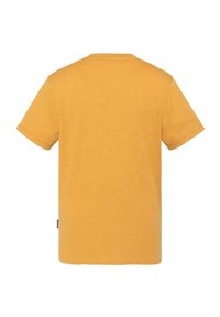 Kurzarm-T-Shirt in leuchtendem Gelb, aus weichem Stoff. Einfaches Design mit rundem Ausschnitt und einem kleinen Logo-Tag an der Seitennaht.