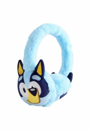 Soft, plush blue ear warmer featuring a cartoon dog's face with black and yellow accents. Round shape with an extended loop for wearing.