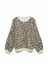 Sudadera de leopardo con corte holgado, base crema, manchas marrones y negras, puños y dobladillo acanalados, y un escote amplio para mayor comodidad.
