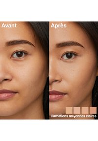 Gros plan du visage montrant les vues "avant" et "après", mettant en évidence la texture de la peau plus lisse et un teint uniforme, étiqueté avec des nuances moyennes.