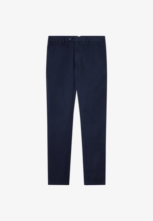 Chino blu navy con design a gamba dritta, realizzati in tessuto di cotone liscio. Presentano una chiusura con bottone e tasche laterali.