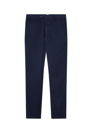 Chino blu navy con design a gamba dritta, realizzati in tessuto di cotone liscio. Presentano una chiusura con bottone e tasche laterali.