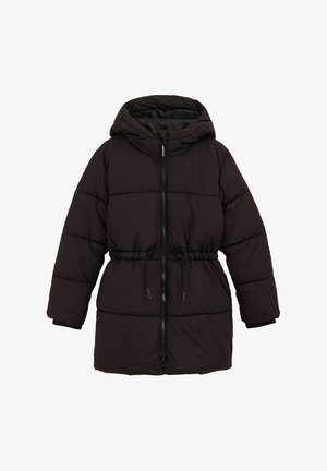 Giubbotto di piumino nero con cappuccio, dotato di vita con coulisse, zip frontale completa e polsini elastici. Texture morbida e trapuntata.