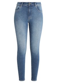 Jeans ajustados en denim azul medio desgastado. Cintura alta, cinco bolsillos, cremallera y cierre de botón. Textura suave con un ligero estiramiento.