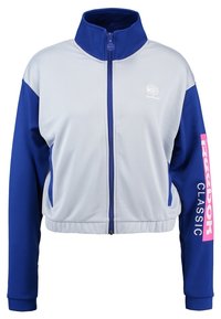 Blå och grå zip-up jacka med hög krage, vitt logo på bröstet och "Reebok CLASSIC" tryckt i rosa på vänster ärm.