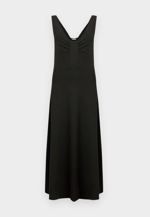 Ärmelloses schwarzes Maxikleid mit tiefem V-Ausschnitt und gesammelten Details an der Brust, das sich leicht zum Saum hin ausweitet.