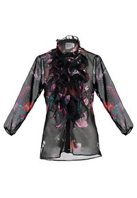 Blusa negra transparente con mangas largas, que presenta vibrantes patrones florales en rosa y verde azulado. Detalle fruncido en la parte delantera y un cuello alto con volantes.