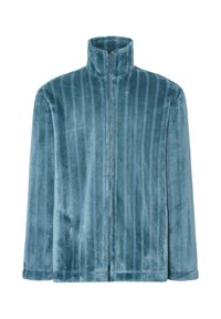 Chaqueta de forro polar con cremallera en color azul verdoso, con rayas verticales, cuello alto y bolsillos laterales. Textura suave, ajuste relajado y detalle de cremallera suave.