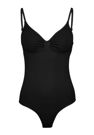 Zwarte eendelige badpak met geplooide stof bij de buste, verstelbare bandjes en een laag uitgesneden rug. Gladde textuur en een nauwsluitend ontwerp.