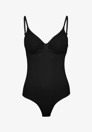 Costume intero nero con tessuto arricciato sul petto, spalline regolabili e schiena scoperta. Texture liscia e design aderente.