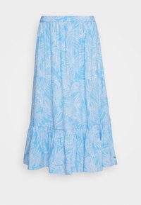 Jupe évasée bleu clair avec un imprimé botanique blanc, taille élastique et texture légèrement fluide.